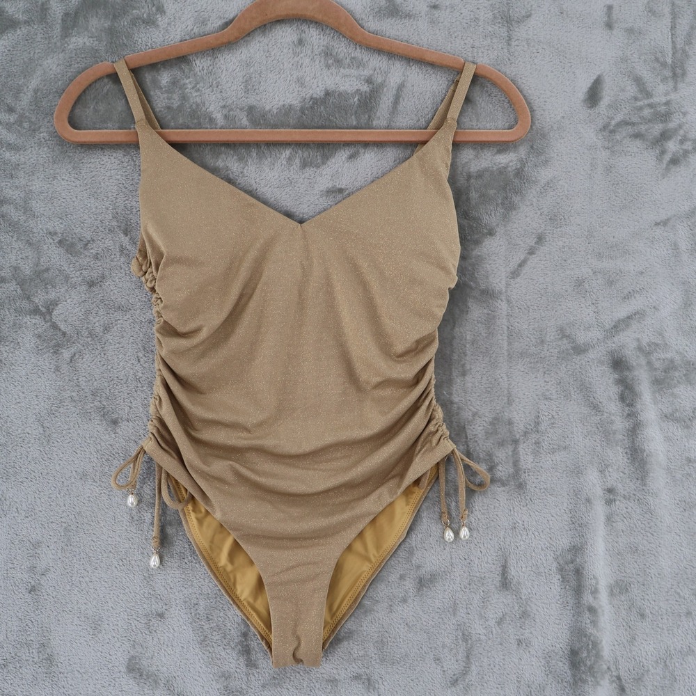 AQUA Swim One Piece Swimsuit Womens XS Gold Metallic Ruched Pearl Resort $98 NWT